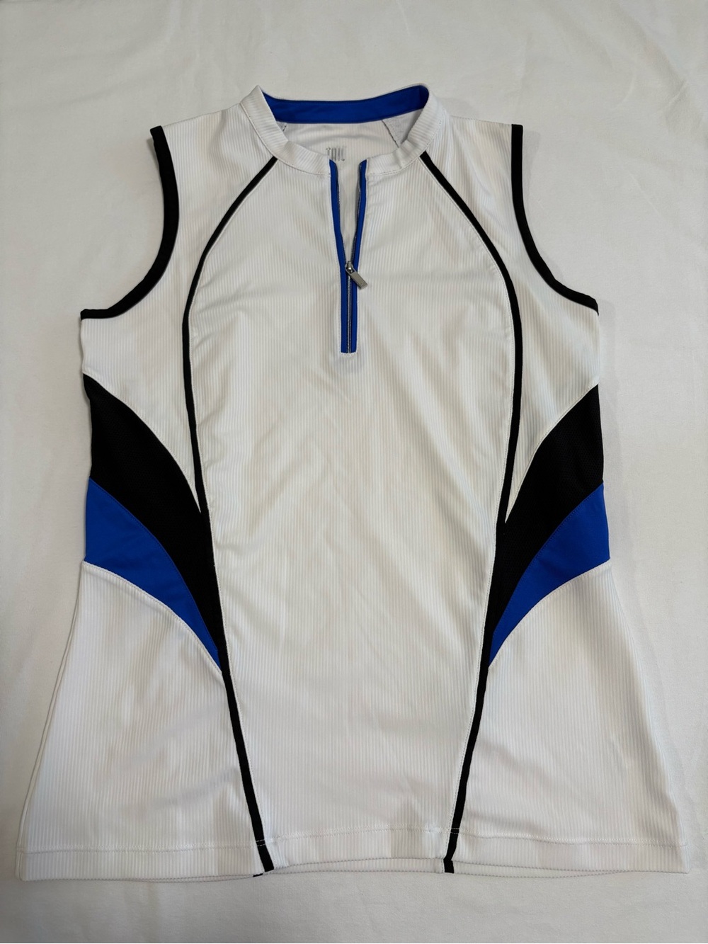 Tail White Quarter Zip Sleeveless Tank with Blue & Black Breathable Mesh Panels